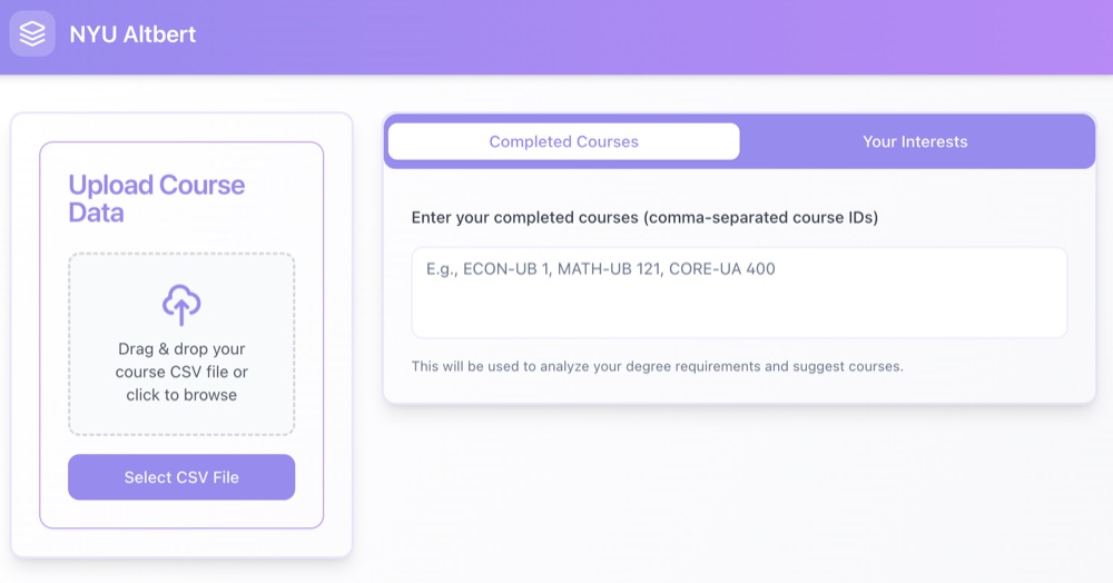 NYU Altbert, where students upload course data and list completed courses and interests