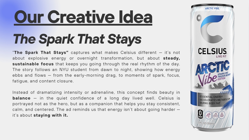 Celsius campaign slide titled The Spark That Stays beside an Arctic Vibe can