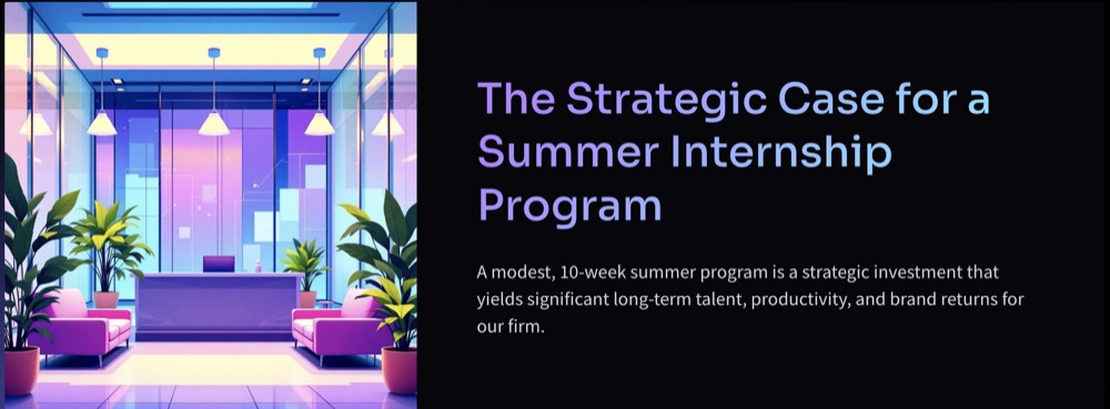 Slide titled The Strategic Case for a Summer Internship Program beside an illustrated office lobby