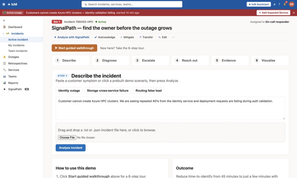 SignalPath inside the IcM incident page, showing a six-step guided analysis for a Sev 1 outage