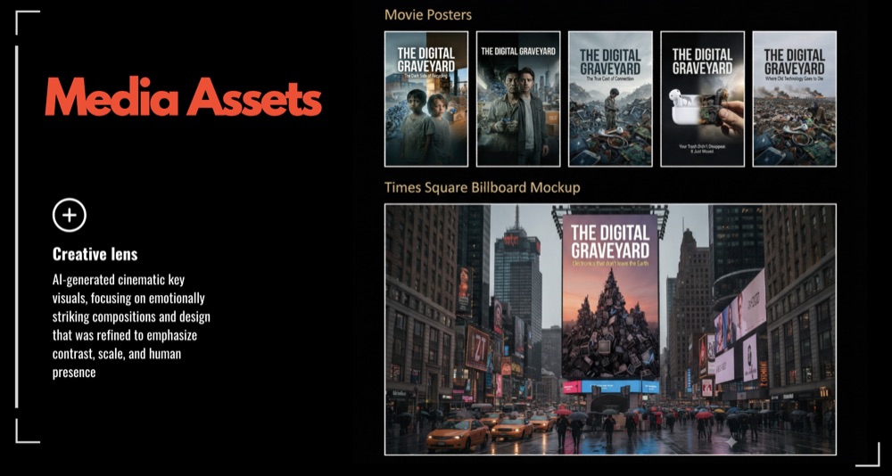 AI-generated movie posters and a Times Square billboard mockup for The Digital Graveyard