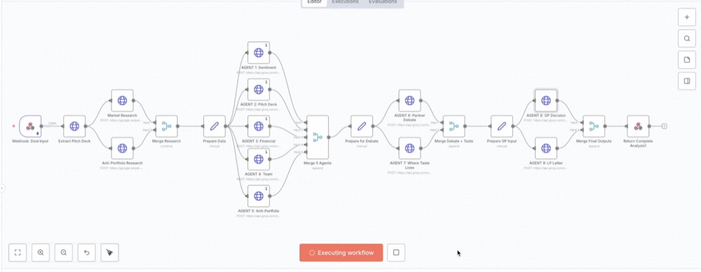 A multi-agent workflow diagram with nine AI agents feeding a final GP decision and LP letter